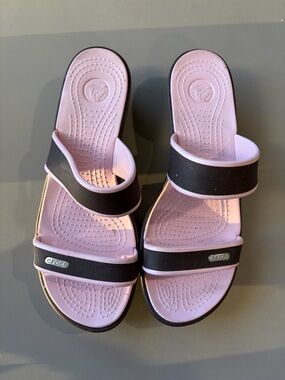 CROCS Women's Pink Footbed with Brown Double-Strap Slide Sandals
